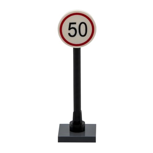 PLAYZOCO Verkehrsschild Begrenzte Geschwindigkeit 50 Spielzeug Bau Verkehrsschild Spielzeug Zubehör Beschilderung Spielzeug Mini Signal Begrenzte Geschwindigkeit 50, 5cm Höhe, Kompatibel mit Lego von PLAYZOCO
