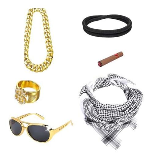 PLCPDM 5pcs Arabische Kostüm Arabisch Kopfschal Aqel Seil Sonnenbrille Halshälfte Dollar Ringe Halloween Kostümzubehör Erwachsene Männer von PLCPDM