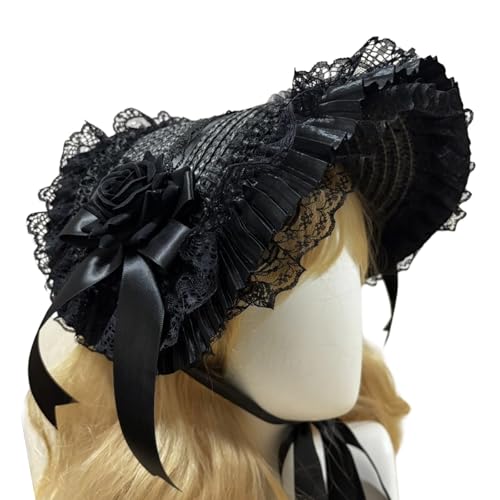 PLCPDM Dark Series Punk Strohhut für Rollenspiele Event Bowknot Blumenhut mit verstellbarer Krawatte Halloween Event Kopfbedeckung Spitze für Frauen von PLCPDM