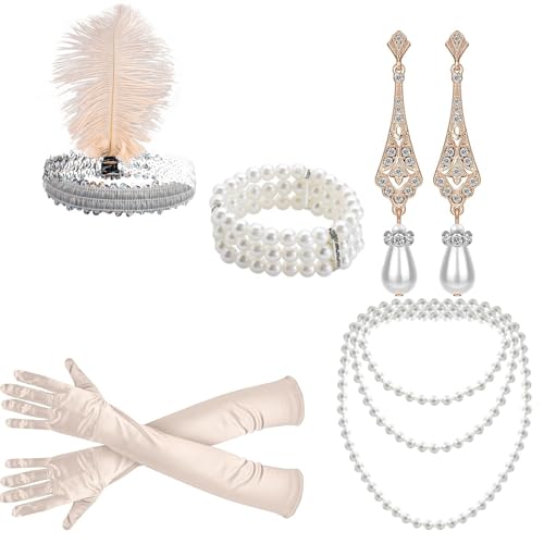 PLCPDM Pailletten-Stirnband, 1920er-Jahre-Kostüm, Cosplay-Zubehör mit Halskette, Ohrringen, Armbändern, Handschuhen für Damen, Halloween-Imitation PLCPDM Pailletten-Stirnband, 1920er-Jahre-Kostüm, Cosplay-Zubehör mit Halskette, Ohrringen, Armbändern, Handschuhen für Damen, Halloween-Imitation von PLCPDM
