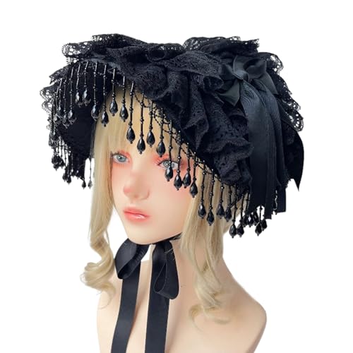 PLCPDM Punk-Spitzenhut, Anime-Dienstmädchen-Kopfschmuck mit verstellbaren Krawatten, schwarze Quasten, für Damen, Rollenspiel-Kostüm, Halloween-Kopfschmuck von PLCPDM