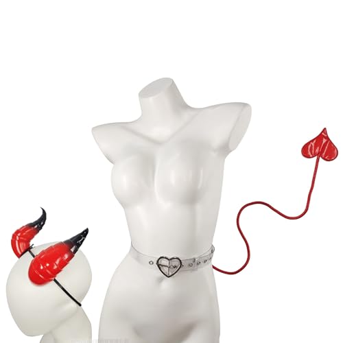 PLCPDM Teufel Kostüme Set Accessoires Teufel Hörner Stirnband Mit Flexiblen Herzschwanz Fleischivalen Halloween Cosplay Party Requisiten von PLCPDM