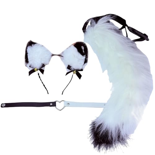 PLCPDM Tier-Cosplay-Kostüm, Kunstpelze, Wolfskatzen, Füchse, flauschiger Schwanz, Katzenohren, Stirnband, Choker, Halloween-Party-Kostüm, Zubehör, Tier-Cosplay-Kostüme für Damen und Herren von PLCPDM