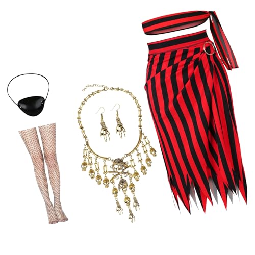 Piratenkostüm mit Piraten-Augenklappen, Kleid, Kopftuch, Halskette, Ohrringe, Strumpf für Damen, Halloween, Cosplay, Rollenspiel-Zubehör-Set von PLCPDM