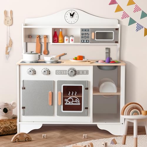 PLEKER Kinderküche Spielküche aus Holz ab 2 Jahr, Weiße Kinder Holzküche Inkl. 15 zubehör mit Kochfeld Rollenspiel 2 3 4 5 Jahre Weihnachts Geschenk für Kinder von PLEKER