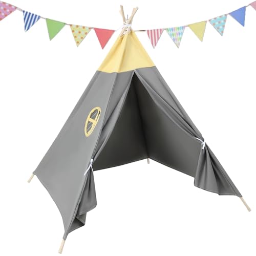 120x120x160cm Dacron Canvas Kinder Spielzelte Indoor Outdoor Kinder Tipi Zelt Stabil & tragbar & faltbar Spielhaus (Yellow & Gray 116x120x130cm) von PLKEQS