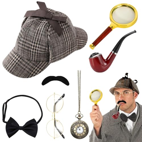 PLLYPE Detektiv Kostüm Zubehör Set, 7 Stück Sherlock Holmes Kostüm Accessoires mit Detektivhut Metallbrille Lupe Herrenfliege Bart, Detektiv Cosplay Requisiten für Kinder Erwachsenen Karneval Cosplay PLLYPE Detektiv Kostüm Zubehör Set, 7 Stück Sherlock Holmes Kostüm Accessoires mit Detektivhut Metallbrille Lupe Herrenfliege Bart, Detektiv Cosplay Requisiten für Kinder Erwachsenen Karneval Cosplay von PLLYPE