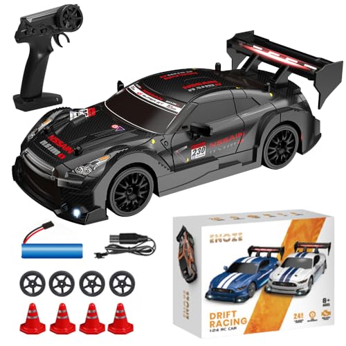 PLLYPE RC Drift Car, 1:24 ferngesteuertes Drift Auto, 2,4 GHz Mini rc Drift car mit LED-Leuchten, 30km/h Rc Auto Drift, mit 4 Reifen und 4 Straßensperren, Für Kinder(Weiß/Rot) von PLLYPE