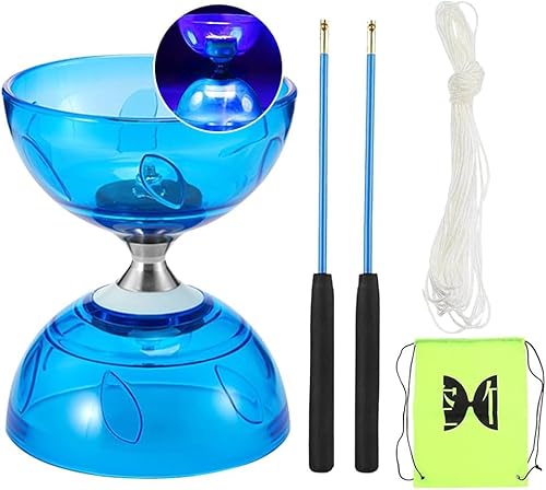 PLLYPE LED Diabolo Freiläufer mit Kugellager, Dreifache Lagerung Set, 4 Farben Diabolo Leuchtend im Dunkeln, mit Ersatzseil 10m, Stange, Netzbeutel, für Kinder & Erwachsene, Anfänger & Profis, Blau von PLLYPE