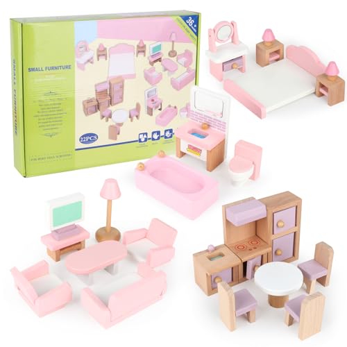 PLLYPE Puppenhaus Möbel Holz Set, 22PCS Puppenhaus Möbelset, Mini Puppenhaus Möbel, Puppenmöbel Puppenhaus Zubehör mit Schlafzimmer Badezimmer Wohnzimmer Küchenmöbel Kinder Spiel Geschenk ab 3 Jahren von PLLYPE