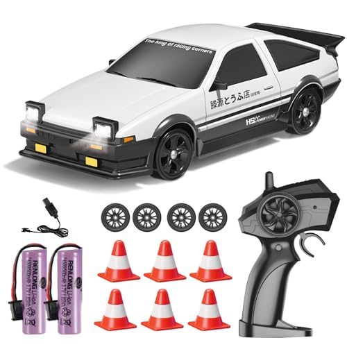 PLLYPE RC Drift Car, 1:24 Ferngesteuertes Drift Auto, 2,4 GHz Mini Drift Car mit LED-Leuchten, 15km/h Rc Auto Drift, mit 4 Reifen und 6 Straßensperren, Geschenk für Erwachsene Kinder(Weiß) von PLLYPE