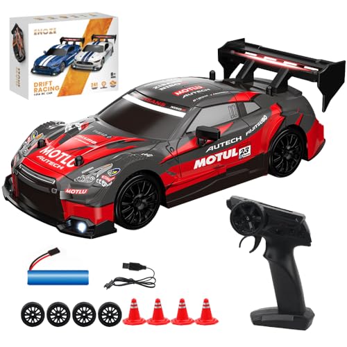 PLLYPE RC Drift Car, 1:24 ferngesteuertes Drift Auto, 2,4 GHz Mini RC Car mit LED-Leuchten, 30km/h Rc Auto Drift, mit 4 Reifen und 4 Straßensperren, Für Kinder(Rot) von PLLYPE
