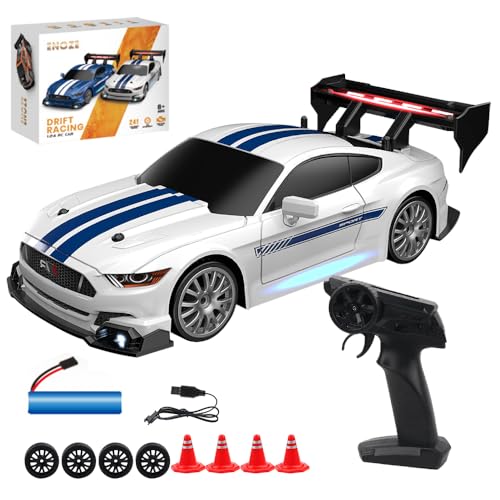 PLLYPE RC Drift Car, 1:24 ferngesteuertes Drift Auto, 30km/h Rc Auto Drift, 2,4 GHz Mini RC Car mit LED-Leuchten, mit 4 Reifen und 4 Straßensperren, Für Kinder(Weiß) von PLLYPE
