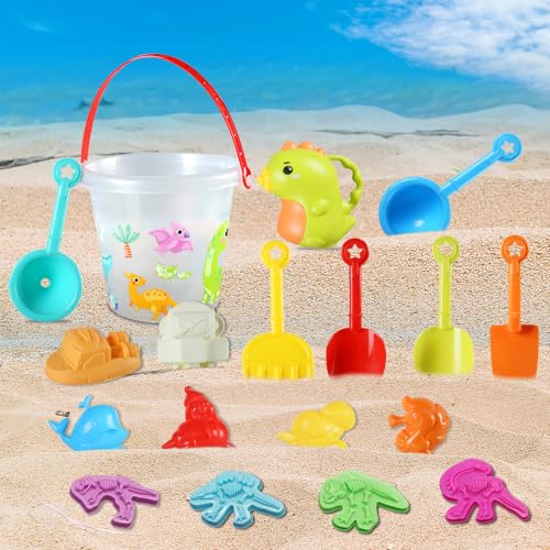 PLLYPE Strand Sandspielzeug Set, 18PCS Sandkasten Spielzeug mit 4 Dinosaurier Skelett Förmchen, Sandspielzeug für Jungen Mädchen Kinder, Strandspielzeug mit Sand Förmchen von PLLYPE