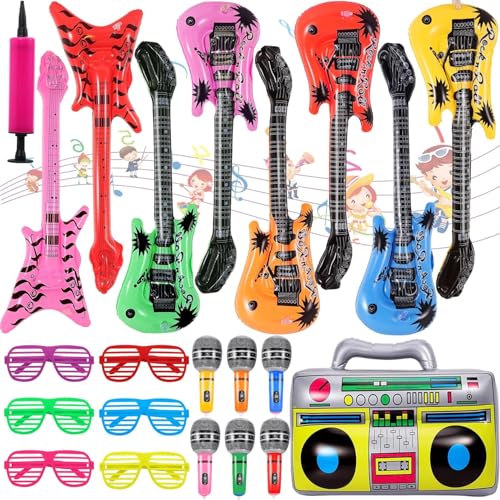 PLMMOUT 22 Stück Aufblasbare Instrumente Spielzeug, Aufblasbare Gitarre Aufblasbares Mikrofon Shutter Shading Gläser Radio Für Party Supplies Themenparty Festival Cosplay von PLMMOUT