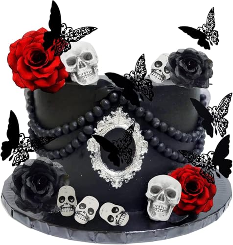 Halloween Gothic Torte Deko Figuren, 21 Pcs Horror Kuchen Deko Schwarz Rote Gothic Kuchendekoration, Halloween Kuchen Topper, Rose Tortendekoration für Geburtstag, Hochzeit, Halloween Party von PLNVNVP