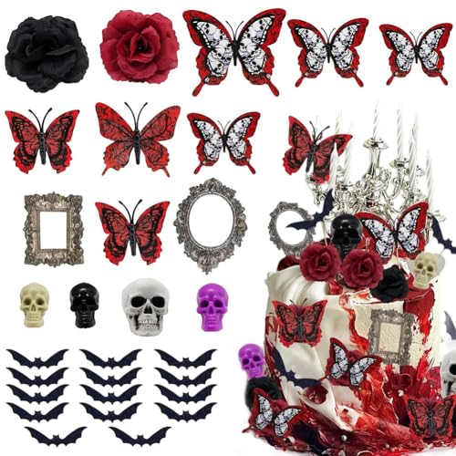 Halloween Gothic Torte Deko Figuren, 37 Pcs Horror Kuchen Deko Schwarz Rote Gothic Kuchendekoration, Halloween Kuchen Topper, Rose Tortendekoration für Geburtstag, Hochzeit, Halloween Party von PLNVNVP