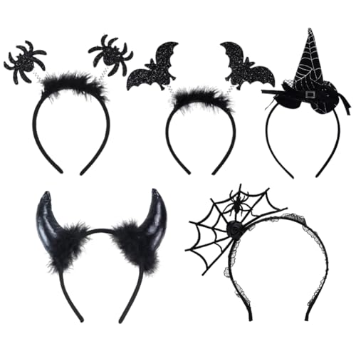 PLNVNVP Halloween Haarreifen 5pcs Halloween Stirnband mit Hexenhut Fledermaus Spinnennetz Dämon Horn Spinnen Stirnband Haarband Halloweens Cosplay Kostüm Halloweens Party Haar Accessoires von PLNVNVP