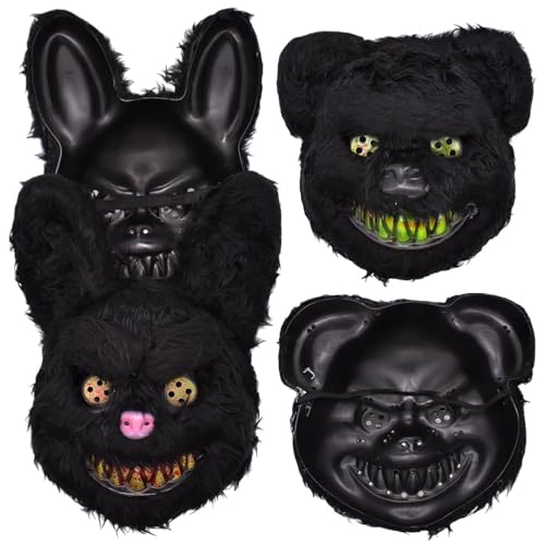 PLNVNVP Halloween Horror Tier Masken, 2pcs Grusel Bär Maske Blutige Kaninchen Maske, Grusel Plüsch Lustige Masken für Halloween Kostüm Karnevalsparty Cosplay Maskerade(Schwarz) von PLNVNVP