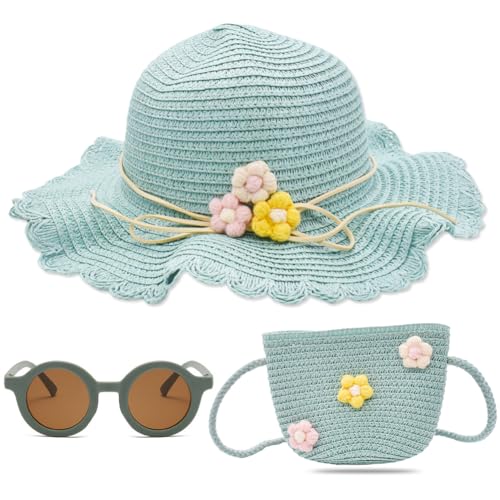 PLNVNVP Mädchen Strohhut und Kleine Tasche Set, Kinder Sommer Sonnenhut und Sonnenbrille, Kinderstrohhut mit Blumendekoration für den Urlaub Strand Outdoor-Aktivitäten Reisehut Sonnenhut(Grün) von PLNVNVP