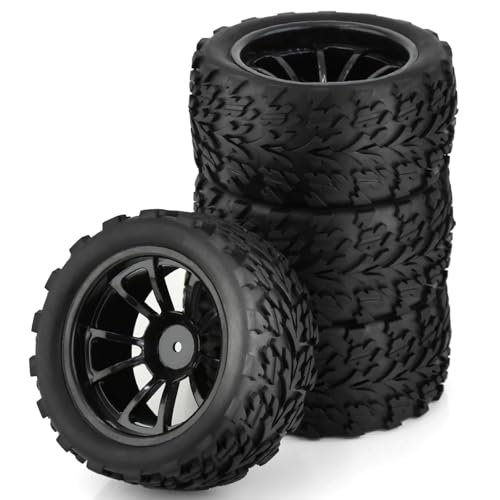 Für Trxs Für Himoto Für HSP Für HPI Für Redcat 4 Stücke 125mm Gummi 1/10 RC Für Monster Truck Reifen Und Felgen 12mm Hex 4mm Kontermuttern RC Buggy Reifen(Black) von PLOQAZEH