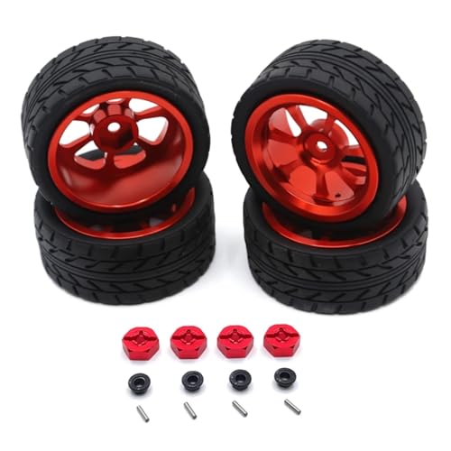 PLOQAZEH Für Wltoys 144001 144010 124007 124016 124019 A959 A959-B 4 Stücke 65mm Gummi Reifen Metall Felge 12mm Hex RC Auto Upgrade Teile RC Autoteile(Red) von PLOQAZEH