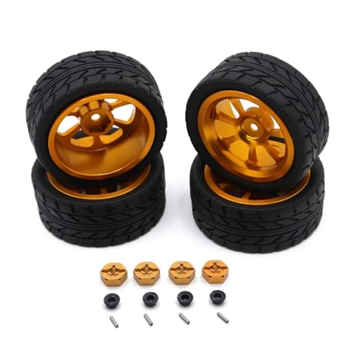 PLOQAZEH Für Wltoys 144001 144010 124007 124016 124019 A959 A959-B 4 Stücke 65mm Gummi Reifen Metall Felge 12mm Hex RC Auto Upgrade Teile RC Autoteile(Yellow) von PLOQAZEH
