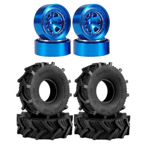 PLOQAZEH Kompatibel Mit TRX4M Für Defender Für SCX24 4 Stück Mud Terrain Reifen 62 * 20 Mm 1,0 Zoll Gummireifen Beadlock Felgen Für 1/18 RC Crawler Upgrade RC Buggy Reifen(Blue) von PLOQAZEH