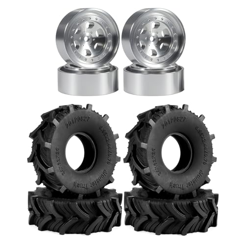 PLOQAZEH Kompatibel Mit TRX4M Für Defender Für SCX24 4 Stück Mud Terrain Reifen 62 * 20 Mm 1,0 Zoll Gummireifen Beadlock Felgen Für 1/18 RC Crawler Upgrade RC Buggy Reifen(Silver) von PLOQAZEH