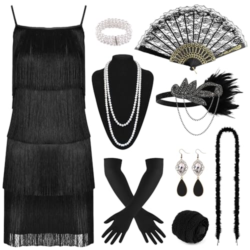 PLULON 12-teiliges Flapper-Gatsby-Kleid im Stil der 1920er-Jahre mit Pailletten, Perlen und Fransen und 20er-Jahre-Accessoires-Set. Brüllende 20er-Jahre-Kostüme für Damen von PLULON