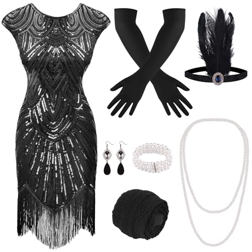 PLULON 1920er-Jahre-Flapperkleid mit Pailletten, Perlen und Fransen, Set mit 20er-Jahre-Accessoires (Schwarz) von PLULON