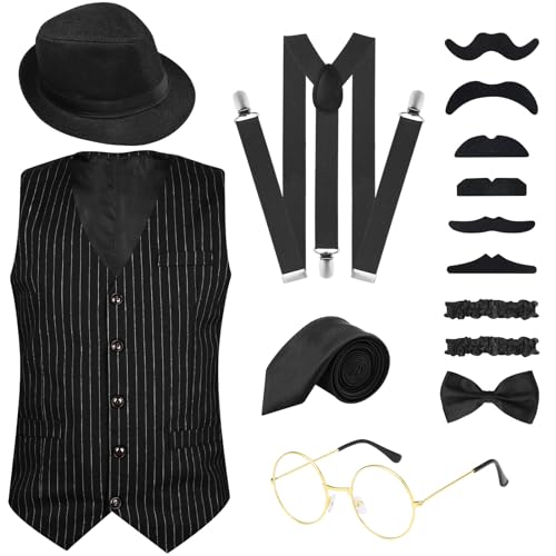 PLULON 1920er Jahre Herren-Accessoires, Kleidung, Kostüm-Outfit mit Weste, Fedora-Hut, Taschenuhr, Hosenträger, Krawatte für Herren von PLULON