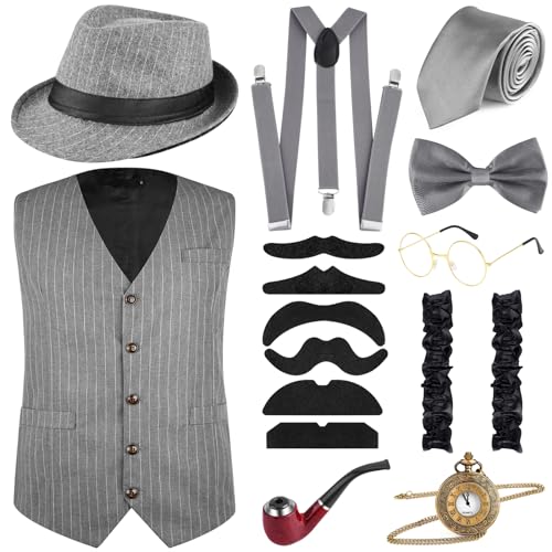 PLULON 1920er Jahre Herren Accessoires, Kleidung, Kostüm Outfit mit Weste, Fedora-Hut, Taschenuhr, Hosenträger, Krawatte für Herren von PLULON