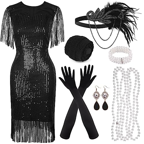 PLULON 1920er-Jahre-Kleid mit Pailletten, Perlen und Fransen, Set mit Accessoires im Stil der 20er Jahre, V-Ausschnitt, Gatsby-Kleid mit Feder-Kopfbedeckung, Handschuhen, Halskette, goldene Ohrringe PLULON 1920er-Jahre-Kleid mit Pailletten, Perlen und Fransen, Set mit Accessoires im Stil der 20er Jahre, V-Ausschnitt, Gatsby-Kleid mit Feder-Kopfbedeckung, Handschuhen, Halskette, goldene Ohrringe von PLULON