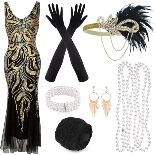 PLULON 1920er-Jahre-Kleid mit Pailletten Perlen und Fransen Set mit Accessoires im Stil der 20er Jahre V-Ausschnitt Gatsby-Kleid mit Feder-Kopfbedeckung Handschuhen Halskette goldene Ohrringe Damen PLULON 1920er-Jahre-Kleid mit Pailletten Perlen und Fransen Set mit Accessoires im Stil der 20er Jahre V-Ausschnitt Gatsby-Kleid mit Feder-Kopfbedeckung Handschuhen Halskette goldene Ohrringe Damen von PLULON