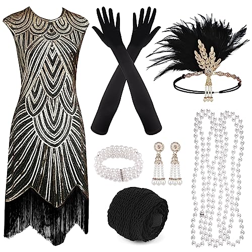 PLULON 1920er Jahre Pailletten Perlen Flapper Gatsby Kleid mit 20er Accessoires Set Roaring 20s Kostüme Stirnband Halskette Handschuhe für Frauen von PLULON