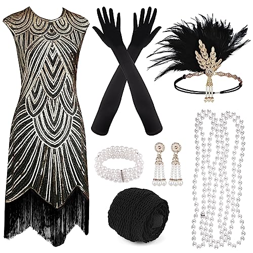 PLULON 1920er Jahre Pailletten Perlen Flapper Gatsby Kleid mit 20er Accessoires Set Roaring 20s Kostüme Stirnband Halskette Handschuhe für Frauen PLULON 1920er Jahre Pailletten Perlen Flapper Gatsby Kleid mit 20er Accessoires Set Roaring 20s Kostüme Stirnband Halskette Handschuhe für Frauen von PLULON