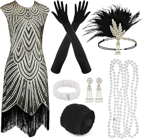PLULON 1920er-Jahre-Pailletten-Perlen-Fransen-Flapper-Gatsby-Kleid mit 20er-Jahre-Accessoires-Set, brüllende 20er-Jahre-Kostüme, Stirnband, Halskette, Handschuhe für Damen von PLULON