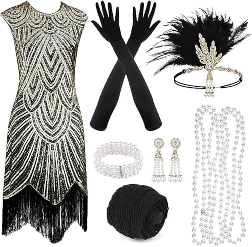 PLULON 1920er-Jahre-Pailletten-Perlen-Fransen-Flapper-Gatsby-Kleid mit 20er-Jahre-Accessoires-Set, brüllende 20er-Jahre-Kostüme, Stirnband, Halskette, Handschuhe für Damen PLULON 1920er-Jahre-Pailletten-Perlen-Fransen-Flapper-Gatsby-Kleid mit 20er-Jahre-Accessoires-Set, brüllende 20er-Jahre-Kostüme, Stirnband, Halskette, Handschuhe für Damen von PLULON