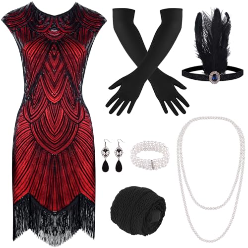 PLULON 1920er Pailletten-Perlen-Fransen-Flapper-Kleid mit 20er-Accessoires-Set (rot) von PLULON