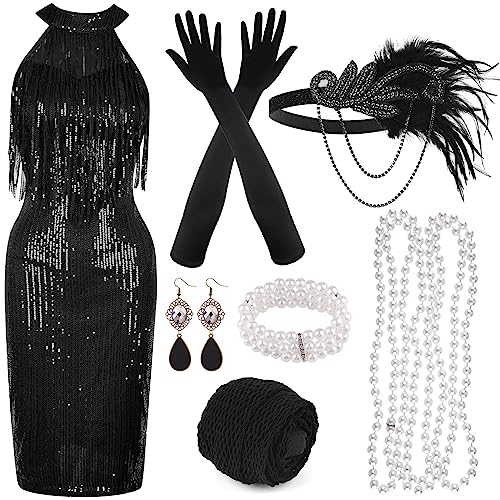 PLULON 1920er Pailletten-Perlen-Fransenkleid mit Roaring 20s Accessoires-Set V-Ausschnitt Gatsby-Kleid mit Federkopfbedeckung Handschuhe Halskette Goldohrringe für Frauen PLULON 1920er Pailletten-Perlen-Fransenkleid mit Roaring 20s Accessoires-Set V-Ausschnitt Gatsby-Kleid mit Federkopfbedeckung Handschuhe Halskette Goldohrringe für Frauen von PLULON