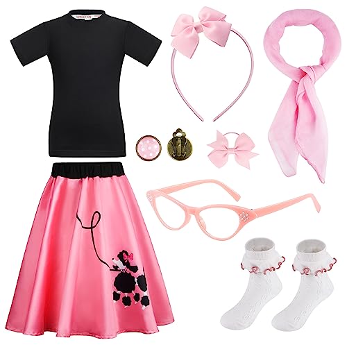 PLULON 1950er-Jahre-Pudelröcke für Mädchen, Sock-Hop-Kostüm mit 50er-Jahre-Kostümzubehör, Oberteil, Schal, Brille, Ohrclips, Socken, Stirnband für Kinder (Pink, 110) von PLULON