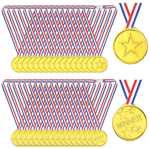 PLULON 60 Stück Goldmedaillen für Kinder, Kunststoff-Gewinnermedaillen, Auszeichnung, Goldmedaille für Kinder mit Halsbändern für Schulsporttag-Party-Wettbewerbe (Gold) von PLULON