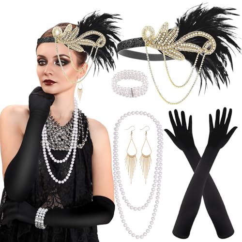 PLULON 7-teiliges 1920er Flapper Great Gatsby Accessoires-Set Fashion Roaring 20's Theme Set mit Stirnband, Kopfbedeckung, Langen schwarzen Handschuhen, Halskette, Ohrringen für Damen (Stil 4) von PLULON