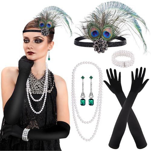PLULON 7-teiliges 1920er Flapper Great Gatsby Accessoires-Set Fashion Roaring 20's Theme Set mit Stirnband, Kopfbedeckung, langen schwarzen Handschuhen, Halskette, Ohrringen für Damen (Stil 5) von PLULON