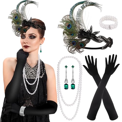 PLULON 7-teiliges 1920er Flapper Great Gatsby Accessoires-Set Fashion Roaring 20's Theme Set mit Stirnband, Kopfbedeckung, langen schwarzen Handschuhen, Halskette, Ohrringen für Damen (Stil 6) von PLULON