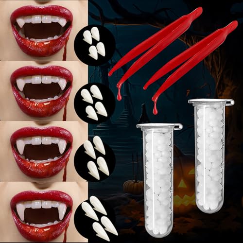 PLULON 8 Paar Vampirzähne, Reißzähne, Halloween-Vampir-Zubehör, 4 Größen, Vampirzähne mit selbstklebenden Vampirzähnen Halloween-Vampir-Kostüm für Erwachsene Frauen und Männer Halloween-Party Cosplay PLULON 8 Paar Vampirzähne, Reißzähne, Halloween-Vampir-Zubehör, 4 Größen, Vampirzähne mit selbstklebenden Vampirzähnen Halloween-Vampir-Kostüm für Erwachsene Frauen und Männer Halloween-Party Cosplay von PLULON
