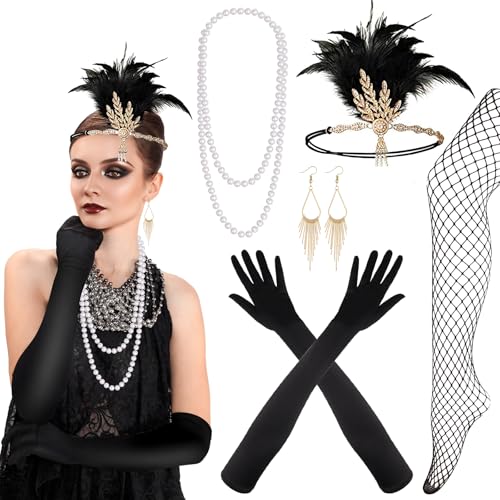 PLULON 8 teiliges 1920er Flapper Great Gatsby Accessoires-Set Fashion Roaring 20's Theme Set mit Stirnband, Kopfbedeckung, langen schwarzen Handschuhen, Halskette, Ohrringen für Frauen von PLULON