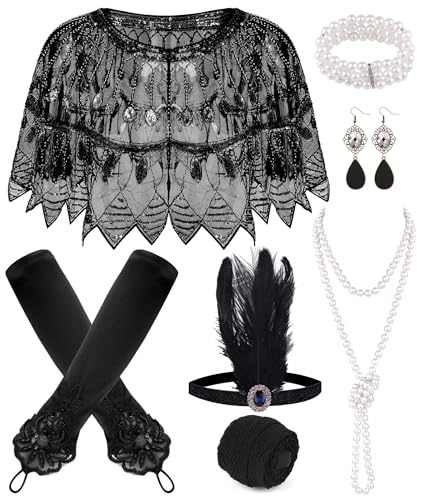 PLULON 8-teiliges 1920er-Jahre-Flapper-Zubehör-Set, Pailletten-Schal, Wickel, Feder-Stirnband, Perlenkette, Armband, Ohrringe, Handschuhe für Damen PLULON 8-teiliges 1920er-Jahre-Flapper-Zubehör-Set, Pailletten-Schal, Wickel, Feder-Stirnband, Perlenkette, Armband, Ohrringe, Handschuhe für Damen von PLULON