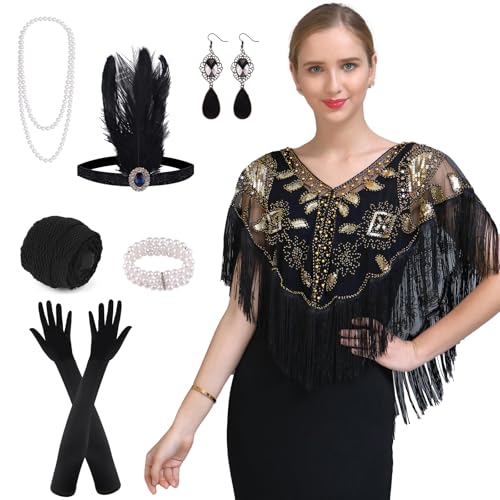 PLULON 8-teiliges 1920er-Jahre-Flapper-Zubehör-Set mit Pailletten-Schal für Damen, tolles Gatsby-Kostüm (Schwarzgold) von PLULON